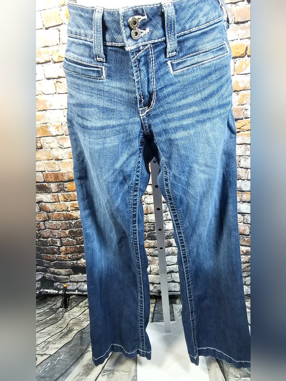 ARIAT Wide Leg Trouser Jeans Double Button Dark Wash Contrast Stitch
